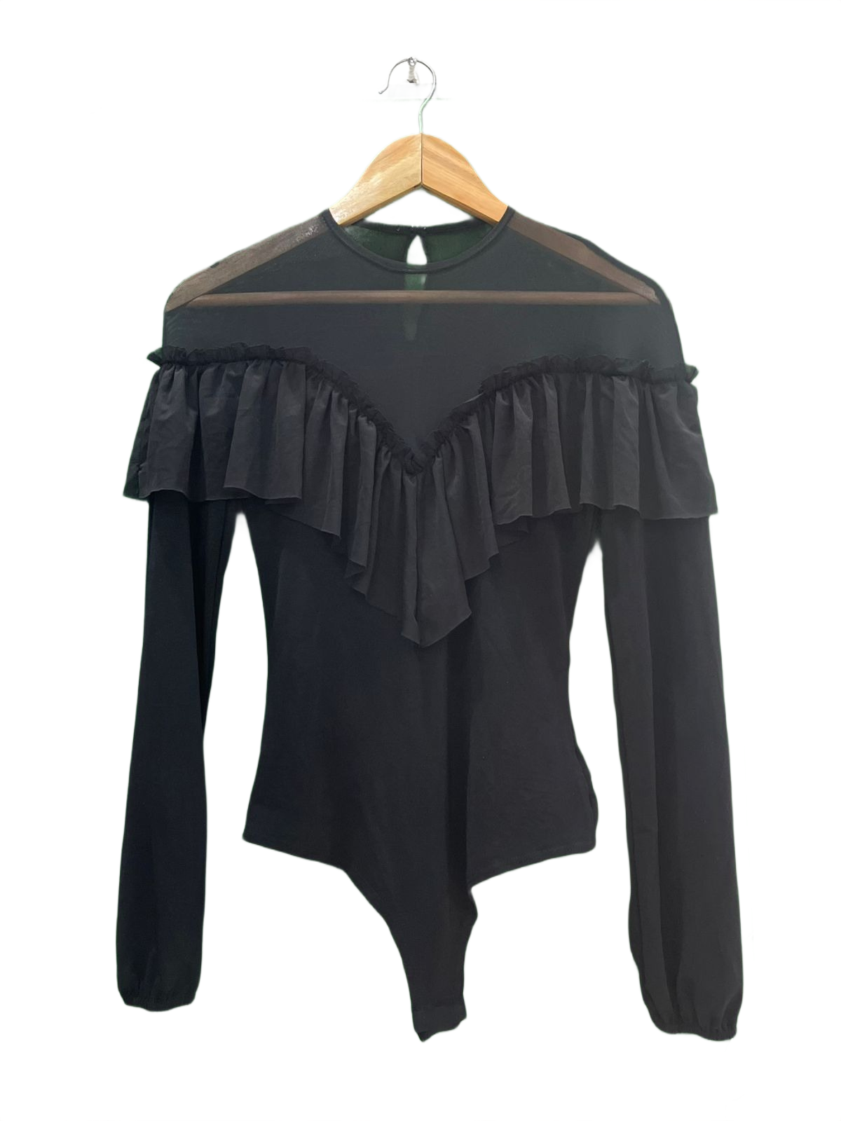 Black Ruffle & Mesh Long Sleeve Bodysuit