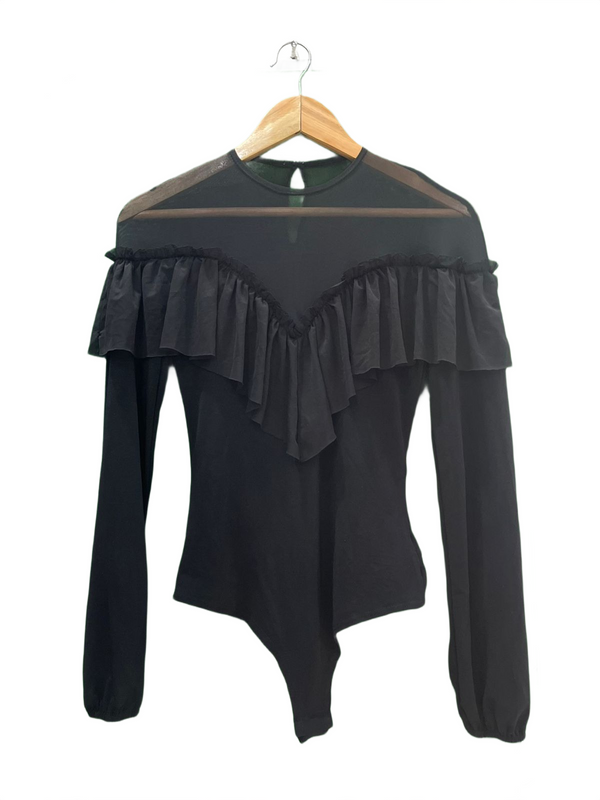 Black Ruffle & Mesh Long Sleeve Bodysuit