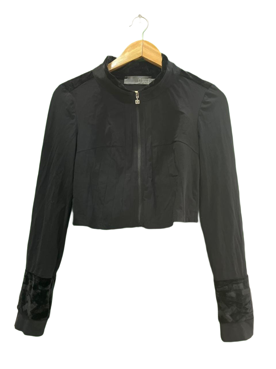 Black Velvet Zipper-Front Cropped Top