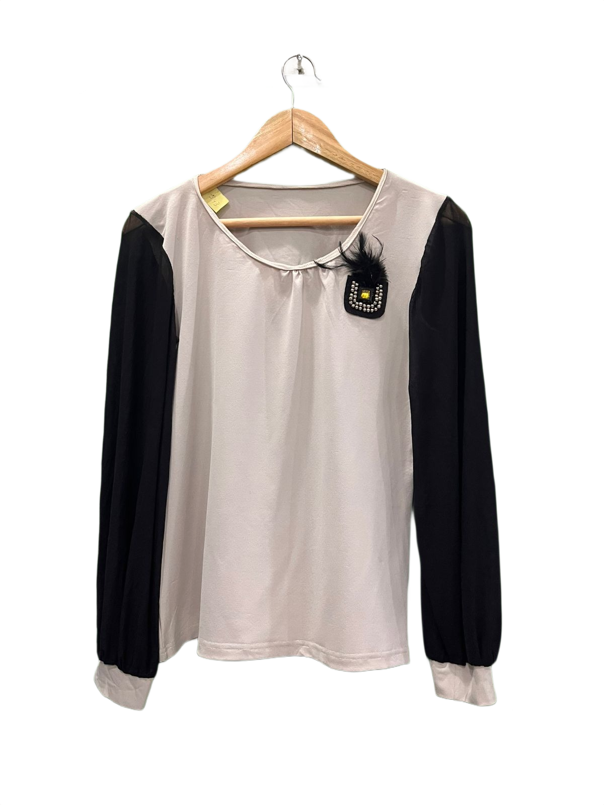 Beige & Black Mesh Sleeve Top