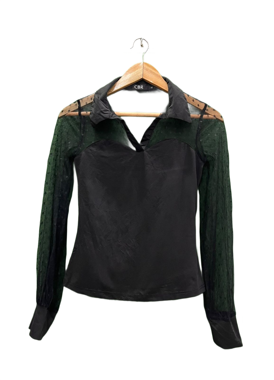 Black Mesh Polka Dot Sleeve Collared Top