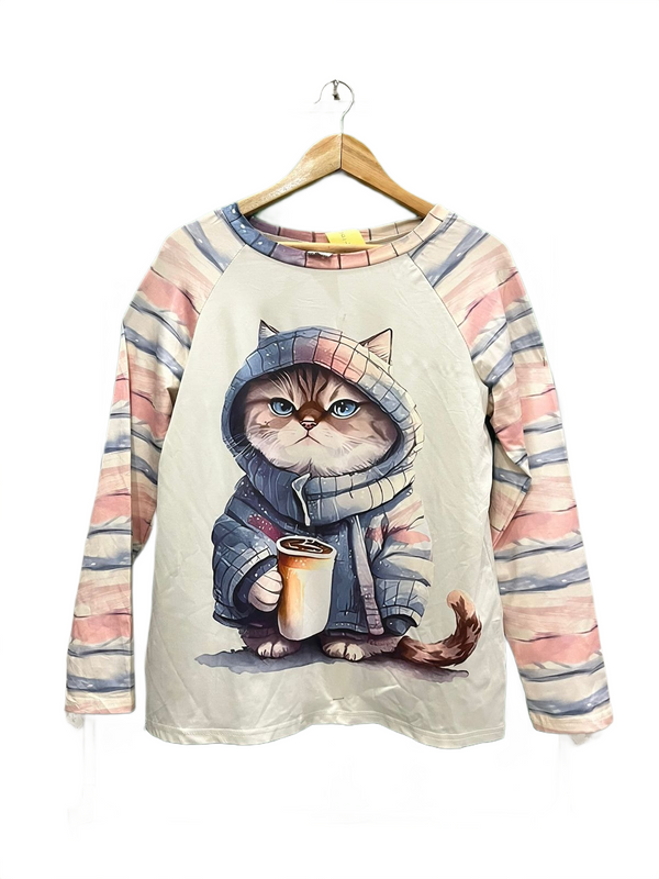 Cute Cat Graphic Long-Sleeve Shirt