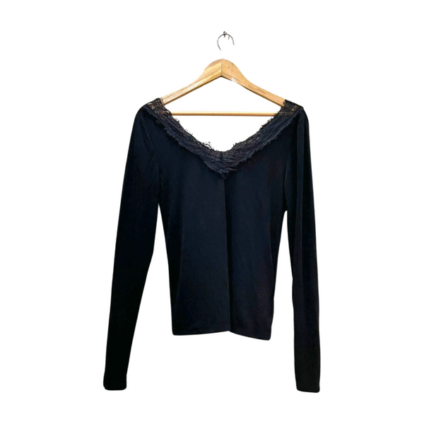 H&M Black Lace Trim V-Neck Long-Sleeve Top