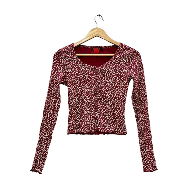 Red Floral Long-Sleeve Button-Front Crop Top
