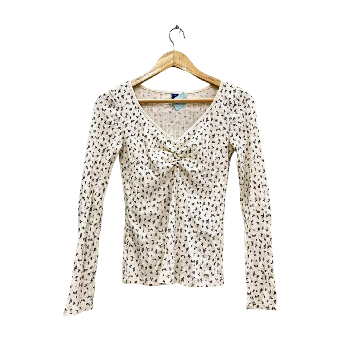 Cinched-Front Floral Print Long-Sleeve Top