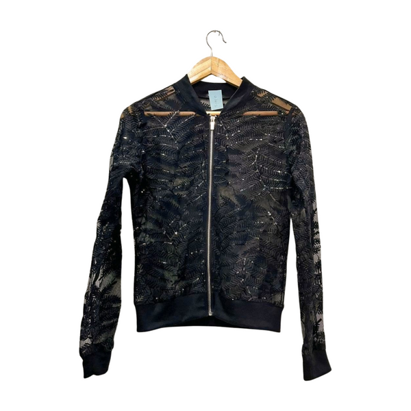 Black Mesh Lace and Sequin Zip-Front Top
