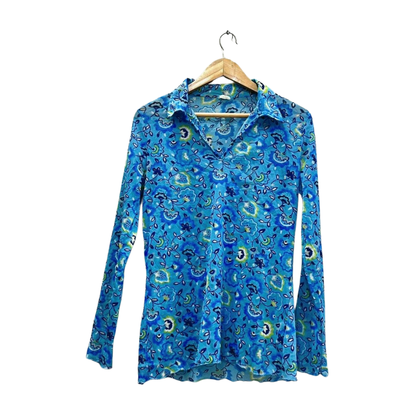 Blue Floral Y2K Long-Sleeve Collared Top