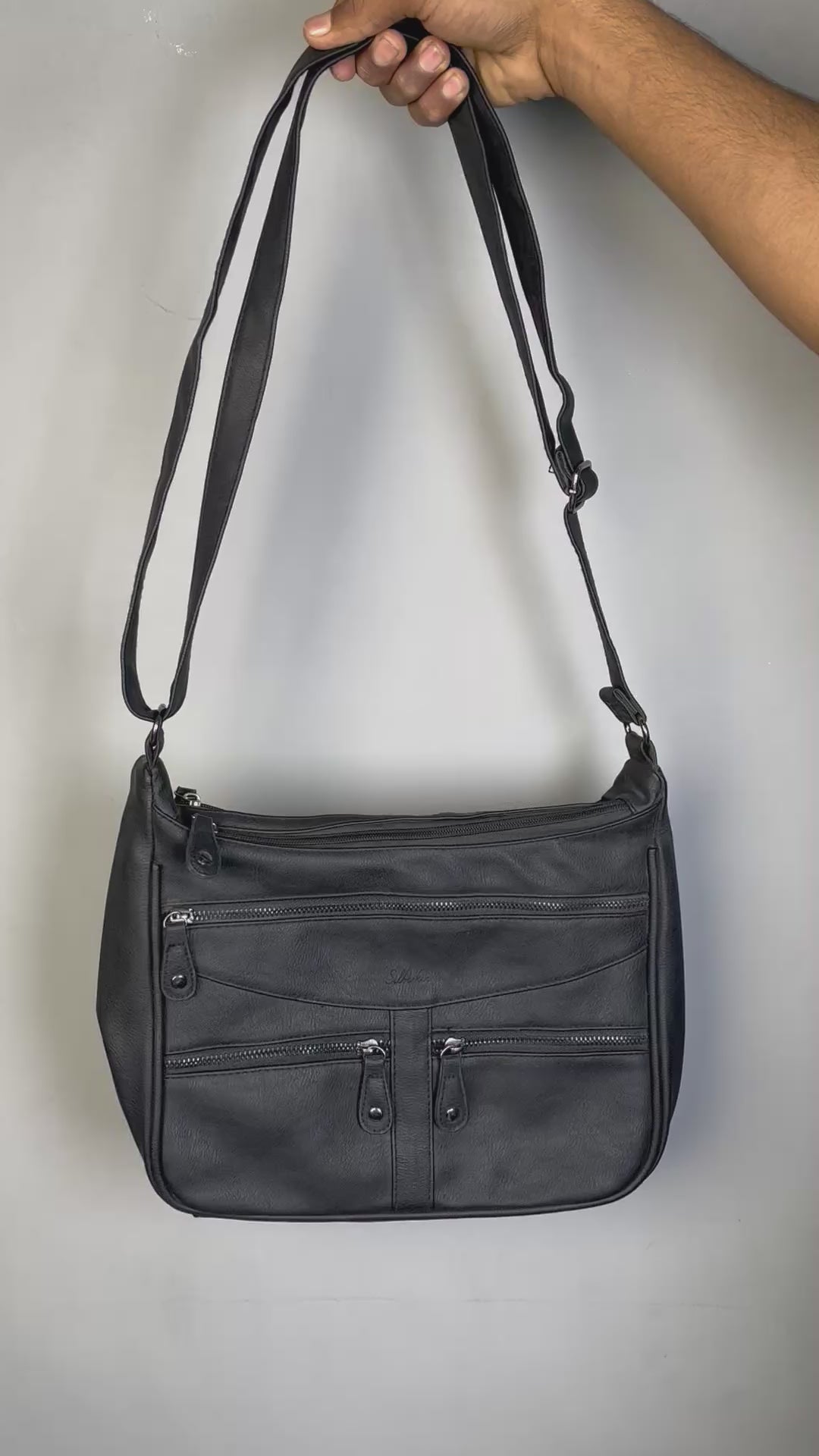 BLACK FAUX LEATHER MULTI-POCKET BAG